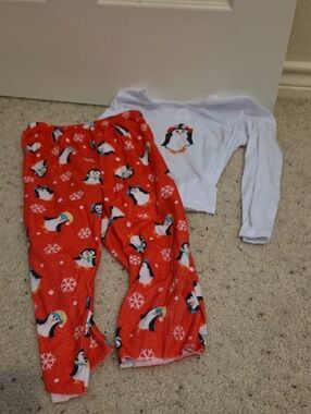Kids Penguin Print Red Pajama Set with White Top